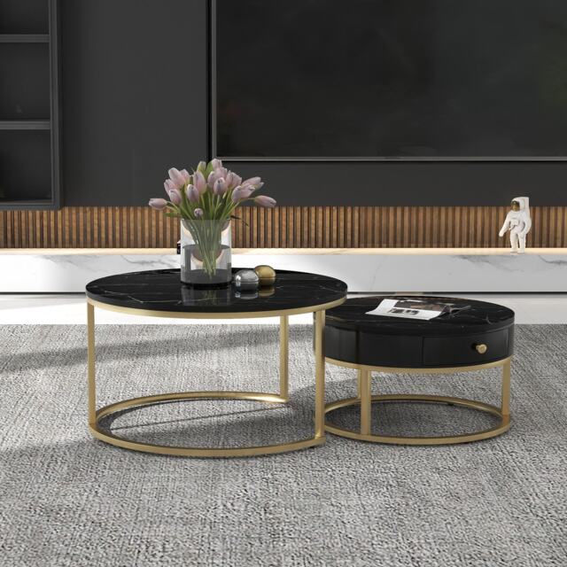 Round Nesting Coffee Tables with Storage Drawer, Gold Metal Frame, Marble Top, Modern Sofa Side Table for Living Room, Bedroom, Black - Aosom.UK - image 1