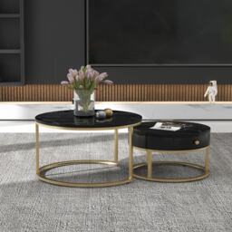 Round Nesting Coffee Tables with Storage Drawer, Gold Metal Frame, Marble Top, Modern Sofa Side Table for Living Room, Bedroom, Black - Aosom.UK