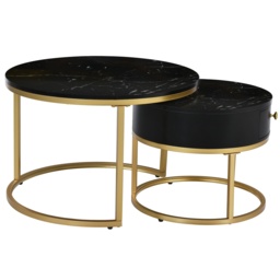 Round Nesting Coffee Tables with Storage Drawer, Gold Metal Frame, Marble Top, Modern Sofa Side Table for Living Room, Bedroom, Black - Aosom.UK - thumbnail 2
