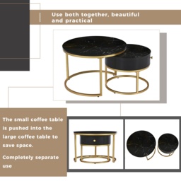 Round Nesting Coffee Tables with Storage Drawer, Gold Metal Frame, Marble Top, Modern Sofa Side Table for Living Room, Bedroom, Black - Aosom.UK - thumbnail 4
