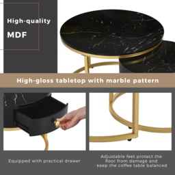 Round Nesting Coffee Tables with Storage Drawer, Gold Metal Frame, Marble Top, Modern Sofa Side Table for Living Room, Bedroom, Black - Aosom.UK - thumbnail 7