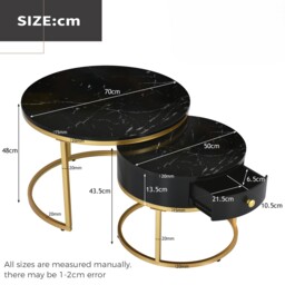 Round Nesting Coffee Tables with Storage Drawer, Gold Metal Frame, Marble Top, Modern Sofa Side Table for Living Room, Bedroom, Black - Aosom.UK - thumbnail 3
