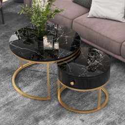 Round Nesting Coffee Tables with Storage Drawer, Gold Metal Frame, Marble Top, Modern Sofa Side Table for Living Room, Bedroom, Black - Aosom.UK - thumbnail 8