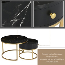 Round Nesting Coffee Tables with Storage Drawer, Gold Metal Frame, Marble Top, Modern Sofa Side Table for Living Room, Bedroom, Black - Aosom.UK - thumbnail 6