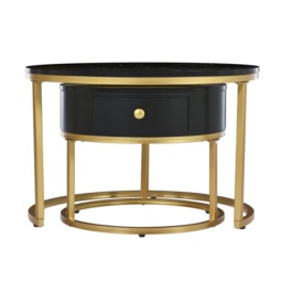Round Nesting Coffee Tables with Storage Drawer, Gold Metal Frame, Marble Top, Modern Sofa Side Table for Living Room, Bedroom, Black - Aosom.UK - thumbnail 9