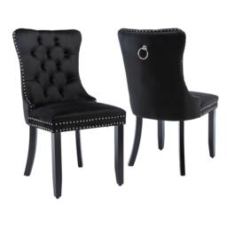Set of 2 Velvet Dining Chairs, Upholstered Dining Chairs with Button Tufted Backrest, Solid Rubber Wood Legs, Suitable for Dining Room, 50L x 64W x 96H cm, Black - Aosom UK - thumbnail 2