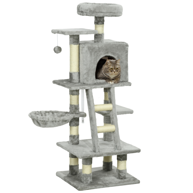 PawHut 132cm Cat Tree with Scratching Post, House, Hammock, Grey - Aosom UK - image 1