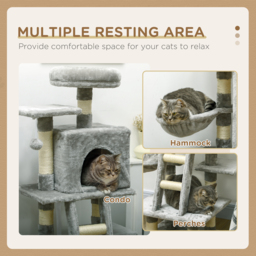 PawHut 132cm Cat Tree with Scratching Post, House, Hammock, Grey - Aosom UK - thumbnail 4