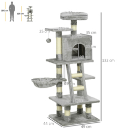 PawHut 132cm Cat Tree with Scratching Post, House, Hammock, Grey - Aosom UK - thumbnail 3