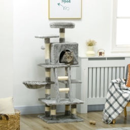 PawHut 132cm Cat Tree with Scratching Post, House, Hammock, Grey - Aosom UK - thumbnail 2