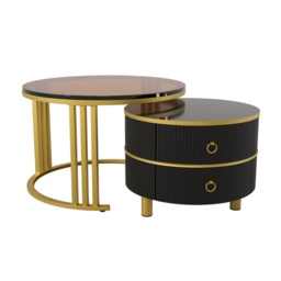 2-in-1 Round Coffee Table Set with High-Gloss and Tempered Glass Tops, 2 Drawers, 70x70x45 + 50x50x40 cm, for Living Room, Brown+Black - Aosom.UK - thumbnail 2