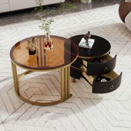 2-in-1 Round Coffee Table Set with High-Gloss and Tempered Glass Tops, 2 Drawers, 70x70x45 + 50x50x40 cm, for Living Room, Brown+Black - Aosom.UK - thumbnail 5