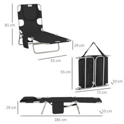 Outsunny Beach Chaise Lounge: Foldable Sun Lounger with Reading Hole, Adjustable Backrest & Side Pocket, Black - Aosom UK - thumbnail 3