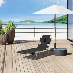Outsunny Beach Chaise Lounge: Foldable Sun Lounger with Reading Hole, Adjustable Backrest & Side Pocket, Black - Aosom UK - thumbnail 2
