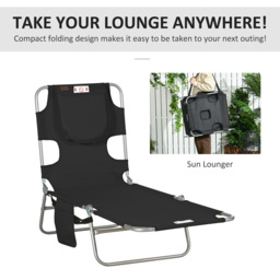 Outsunny Beach Chaise Lounge: Foldable Sun Lounger with Reading Hole, Adjustable Backrest & Side Pocket, Black - Aosom UK - thumbnail 7