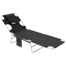 Outsunny Beach Chaise Lounge: Foldable Sun Lounger with Reading Hole, Adjustable Backrest & Side Pocket, Black - Aosom UK