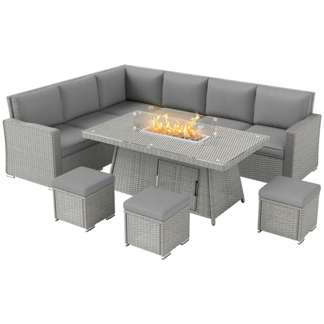 Outsunny 7 Pieces PE Rattan Garden Furniture Set, 50,000 BTU Gas Fire Pit Table, Double Corner Sofa and 3 Footstools for Conservatory, Grey - image 1