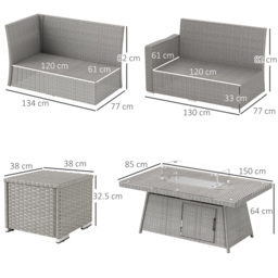 Outsunny 7 Pieces PE Rattan Garden Furniture Set, 50,000 BTU Gas Fire Pit Table, Double Corner Sofa and 3 Footstools for Conservatory, Grey - thumbnail 3
