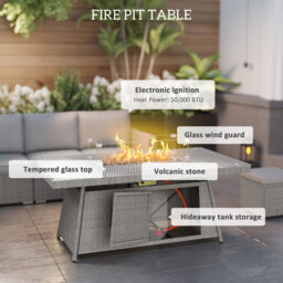 Outsunny 7 Pieces PE Rattan Garden Furniture Set, 50,000 BTU Gas Fire Pit Table, Double Corner Sofa and 3 Footstools for Conservatory, Grey - thumbnail 6