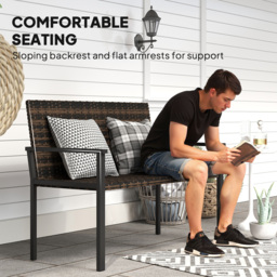 Outsunny 2 Seater Rattan Garden Bench, Outdoor Bench with Quick-Drying Cotton Padding, Wicker Garden Loveseat with Armrests, Steel Frame for Patio, Park, Mixed Brown - thumbnail 7