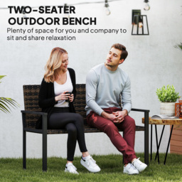Outsunny 2 Seater Rattan Garden Bench, Outdoor Bench with Quick-Drying Cotton Padding, Wicker Garden Loveseat with Armrests, Steel Frame for Patio, Park, Mixed Brown - thumbnail 4