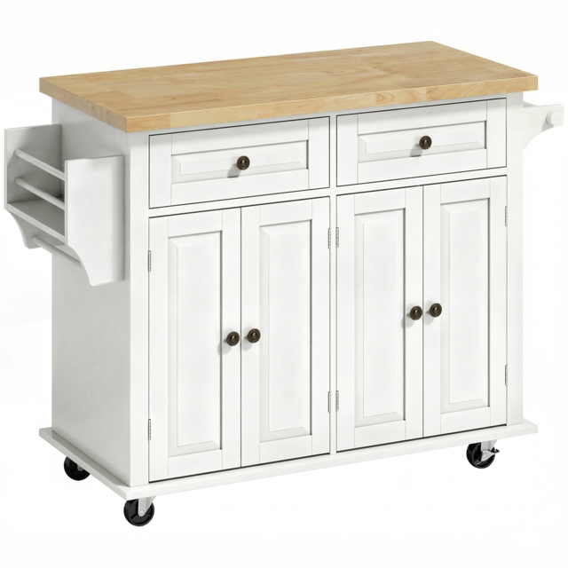 HOMCOM Kitchen Island on Wheels, Rolling Kitchen Storage Trolley with Rubber Wood Top, Drawers, Adjustable Shelves, Cream White - image 1