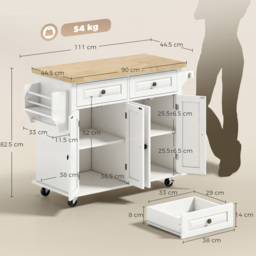 HOMCOM Kitchen Island on Wheels, Rolling Kitchen Storage Trolley with Rubber Wood Top, Drawers, Adjustable Shelves, Cream White - thumbnail 3