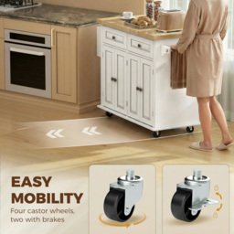HOMCOM Kitchen Island on Wheels, Rolling Kitchen Storage Trolley with Rubber Wood Top, Drawers, Adjustable Shelves, Cream White - thumbnail 7