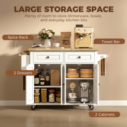HOMCOM Kitchen Island on Wheels, Rolling Kitchen Storage Trolley with Rubber Wood Top, Drawers, Adjustable Shelves, Cream White - thumbnail 6
