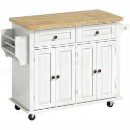 HOMCOM Kitchen Island on Wheels, Rolling Kitchen Storage Trolley with Rubber Wood Top, Drawers, Adjustable Shelves, Cream White - thumbnail 1