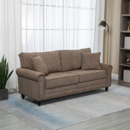 HOMCOM 2 Seater Sofas for Living Room, Fabric Sofa with Nailhead Trim, Loveseat with Cushions and Throw Pillows, Brown - thumbnail 2