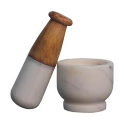 Small Marble Pestle & Mortar Set, Handmade Wooden Handle, Compact Spice Grinder for Herbs, 7 x 7 x 6 cm, Brown & White - Aosom UK - thumbnail 2