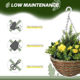Outsunny Pack of 2 Faux Plant Artificial Lisianthus Flowers Hanging Planter with Basket for Indoor Outdoor Decoration, Yellow - thumbnail 6