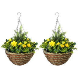 Outsunny Pack of 2 Faux Plant Artificial Lisianthus Flowers Hanging Planter with Basket for Indoor Outdoor Decoration, Yellow - thumbnail 1