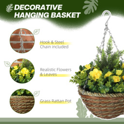 Outsunny Pack of 2 Faux Plant Artificial Lisianthus Flowers Hanging Planter with Basket for Indoor Outdoor Decoration, Yellow - thumbnail 4