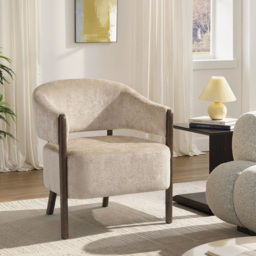 HOMCOM Accent Chair, Chenille Upholstered Tub Chair with Wide Seat, Solid Wood Frame and Legs, Comfy Armchair, Beige - thumbnail 2