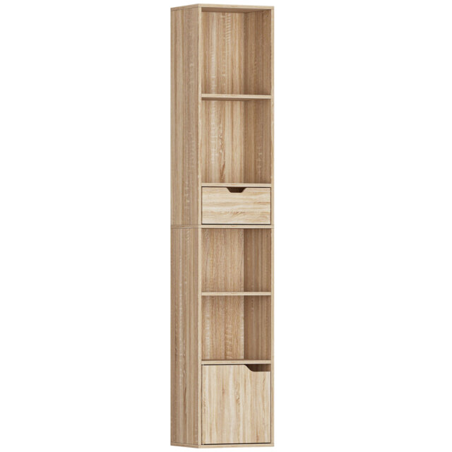 HOMCOM 6-Tier Bookcase, Tall Narrow Bookshelf with Drawer and Door - Natural Wood Finish - image 1