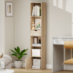 HOMCOM 6-Tier Bookcase, Tall Narrow Bookshelf with Drawer and Door - Natural Wood Finish - thumbnail 9