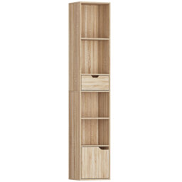 HOMCOM 6-Tier Bookcase, Tall Narrow Bookshelf with Drawer and Door - Natural Wood Finish - thumbnail 1