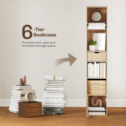 HOMCOM 6-Tier Bookcase, Tall Narrow Bookshelf with Drawer and Door - Natural Wood Finish - thumbnail 4