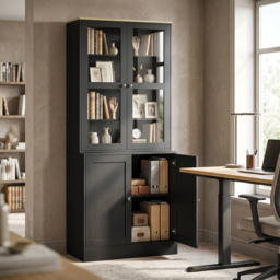 HOMCOM Modern Bookcase Display Storage Unit with Glass Doors Adjustable Shelves, Black - thumbnail 2