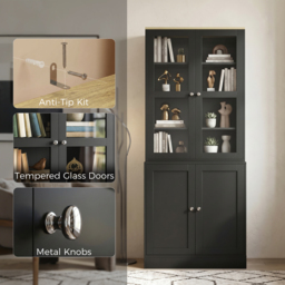 HOMCOM Modern Bookcase Display Storage Unit with Glass Doors Adjustable Shelves, Black - thumbnail 6