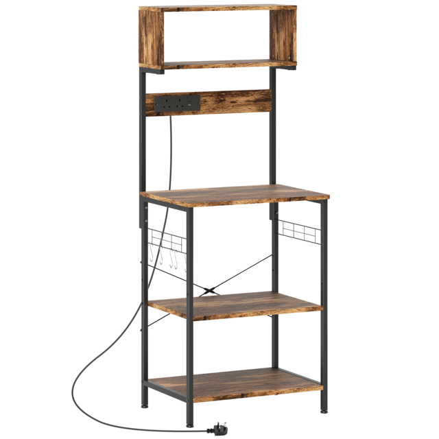 HOMCOM Bakers Rack with Power Outlet, USB Charger, Microwave Stand with Adjustable Shelves, 5 Hooks for Small Spaces, Kitchen Storage Unit for Spices, Pots and Pans, Rustic Brown - image 1