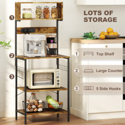 HOMCOM Bakers Rack with Power Outlet, USB Charger, Microwave Stand with Adjustable Shelves, 5 Hooks for Small Spaces, Kitchen Storage Unit for Spices, Pots and Pans, Rustic Brown - thumbnail 6