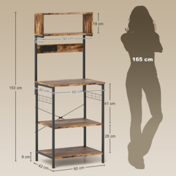 HOMCOM Bakers Rack with Power Outlet, USB Charger, Microwave Stand with Adjustable Shelves, 5 Hooks for Small Spaces, Kitchen Storage Unit for Spices, Pots and Pans, Rustic Brown - thumbnail 3