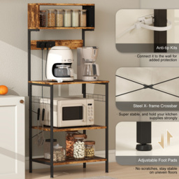 HOMCOM Bakers Rack with Power Outlet, USB Charger, Microwave Stand with Adjustable Shelves, 5 Hooks for Small Spaces, Kitchen Storage Unit for Spices, Pots and Pans, Rustic Brown - thumbnail 7