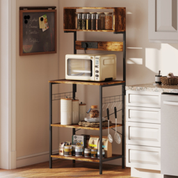 HOMCOM Bakers Rack with Power Outlet, USB Charger, Microwave Stand with Adjustable Shelves, 5 Hooks for Small Spaces, Kitchen Storage Unit for Spices, Pots and Pans, Rustic Brown - thumbnail 2
