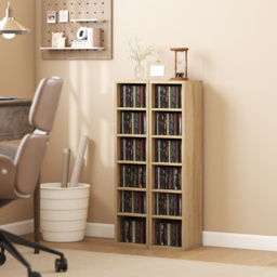 HOMCOM Set of 2 CD Media Display Shelf Unit Tower Rack with Adjustable Shelves, Oak - thumbnail 2