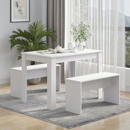 HOMCOM 3 Pieces Dining Set, Kitchen Dining Table and Benches with Particle Board Structure, for Compact Kitchen and Living Room, White - Aosom UK - thumbnail 2