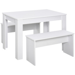HOMCOM 3 Pieces Dining Set, Kitchen Dining Table and Benches with Particle Board Structure, for Compact Kitchen and Living Room, White - Aosom UK - thumbnail 1